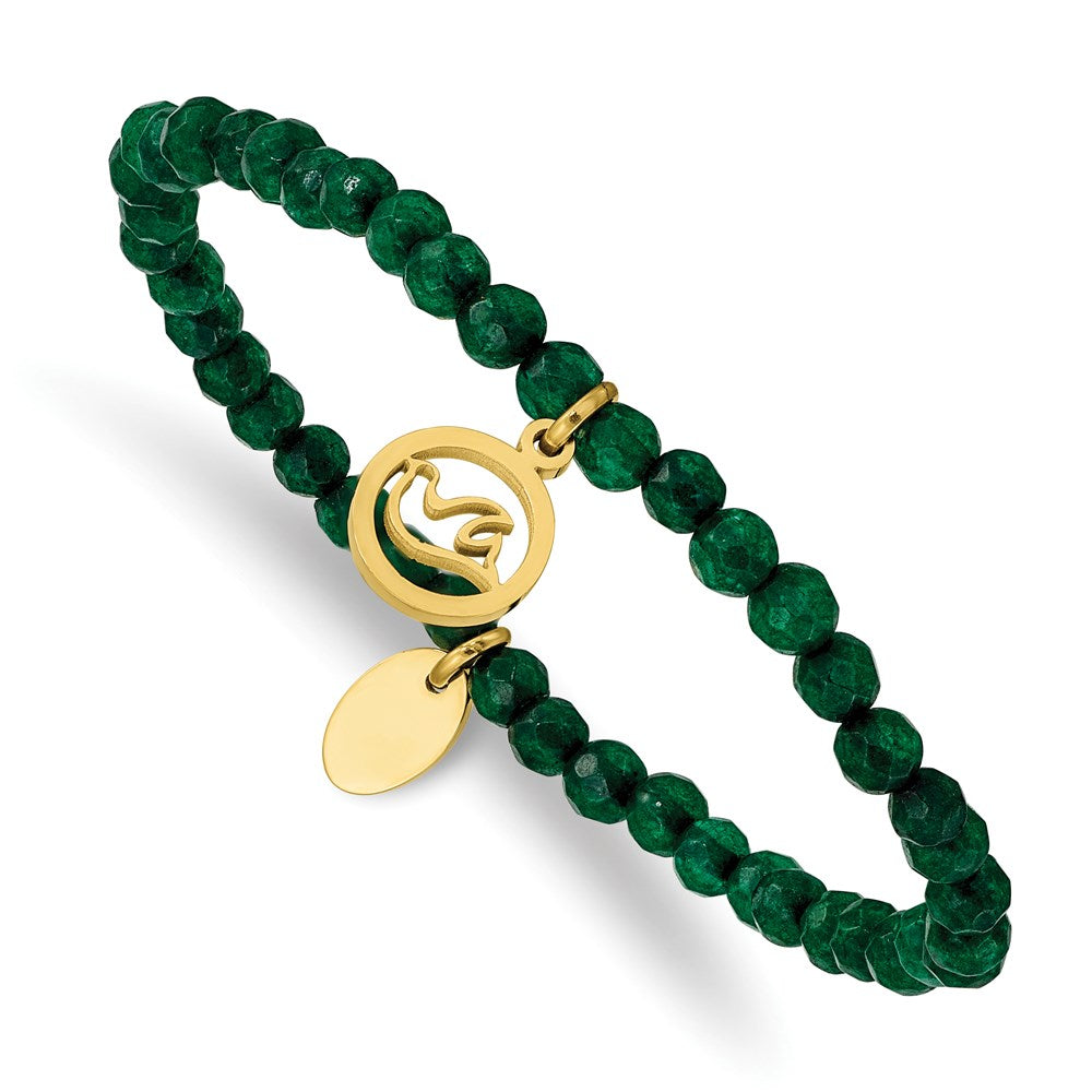 Chisel Brand Jewelry, Stainless Steel Polished Yellow IP Dove Green Jade Beaded Stretch Bracelet