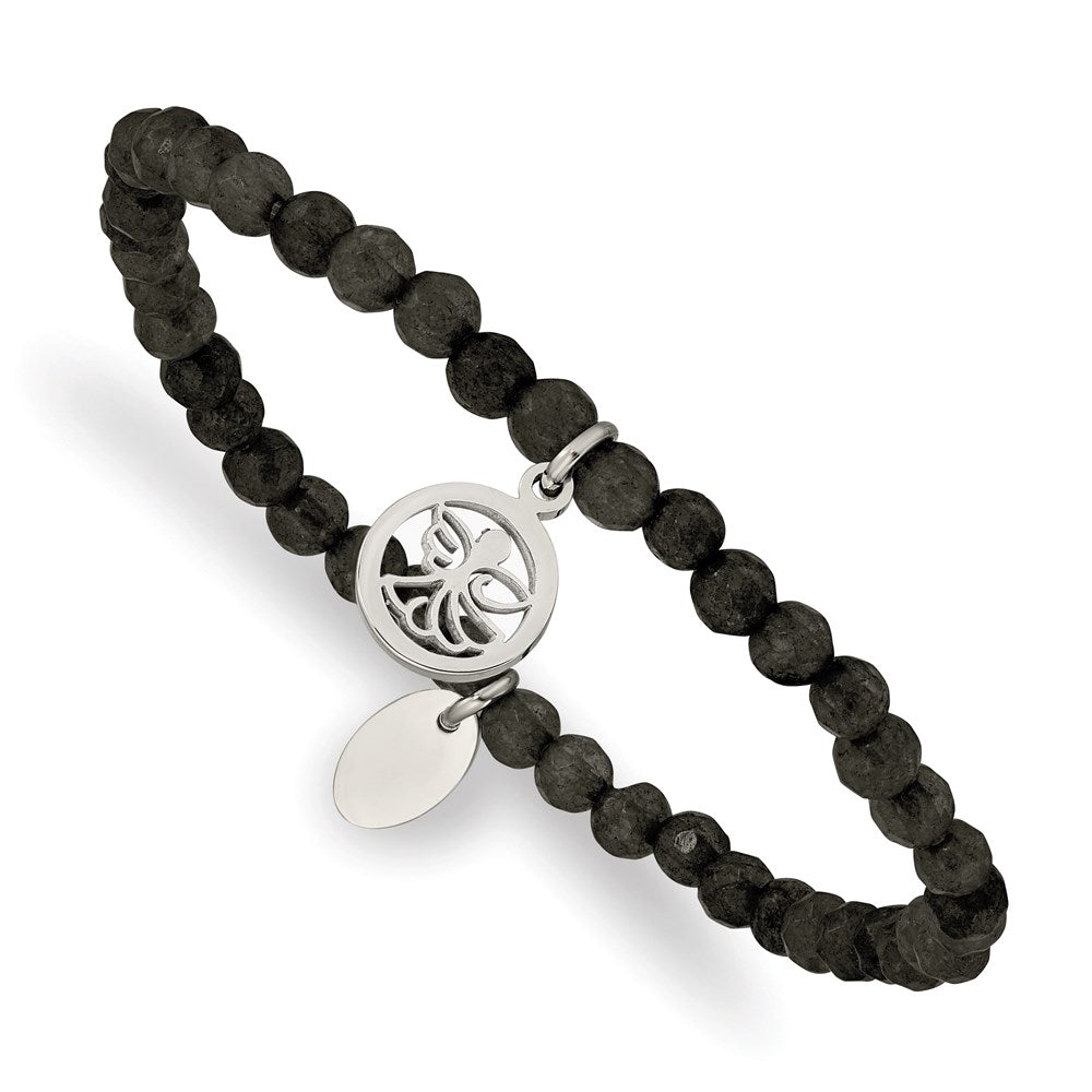 Chisel Brand Jewelry, Stainless Steel Polished Angel Black Jade Beaded Stretch Bracelet