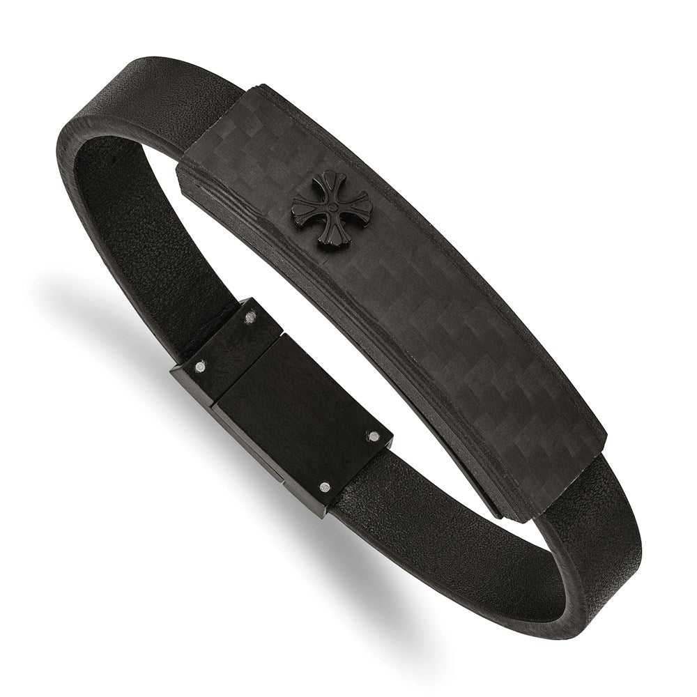 Chisel Brand Jewelry, Stainless Steel Brushed Black IP with Solid Carbon Fiber Leather 8.25in Bracel