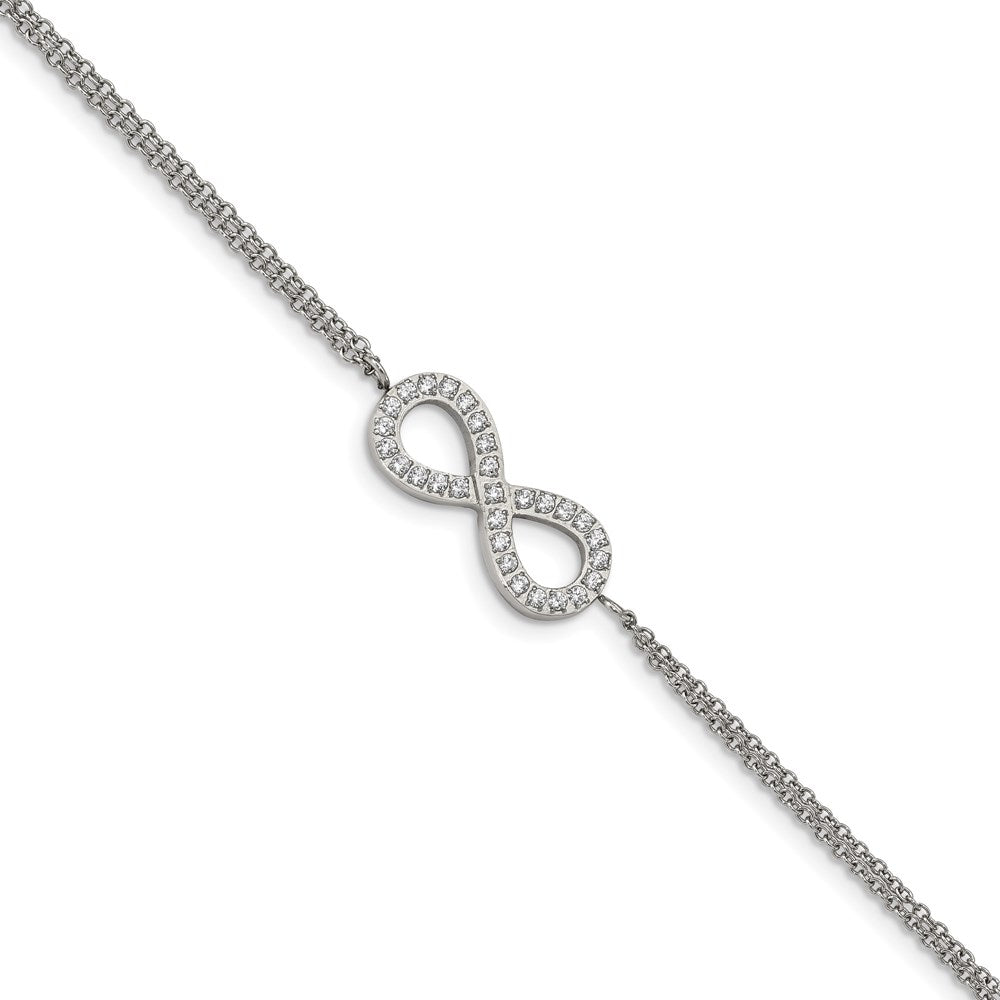 Chisel Brand Jewelry, Stainless Steel Polished with CZ Infinity Symbol 6.25in with 2in ext. Bracelet
