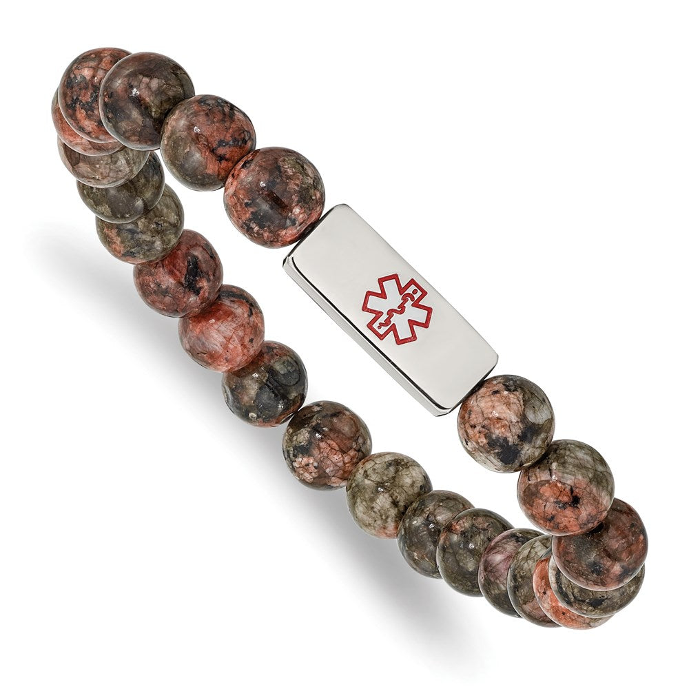 Chisel Brand Jewelry, Stainless Steel Polished Enamel Medical ID Poppy Jasper Stretch Bracelet