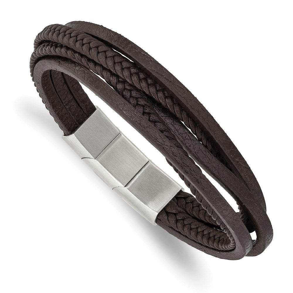 Chisel Brand Jewelry, Stainless Steel Polished Brown PU Leather Multi Strand with .5in ext Bracelet