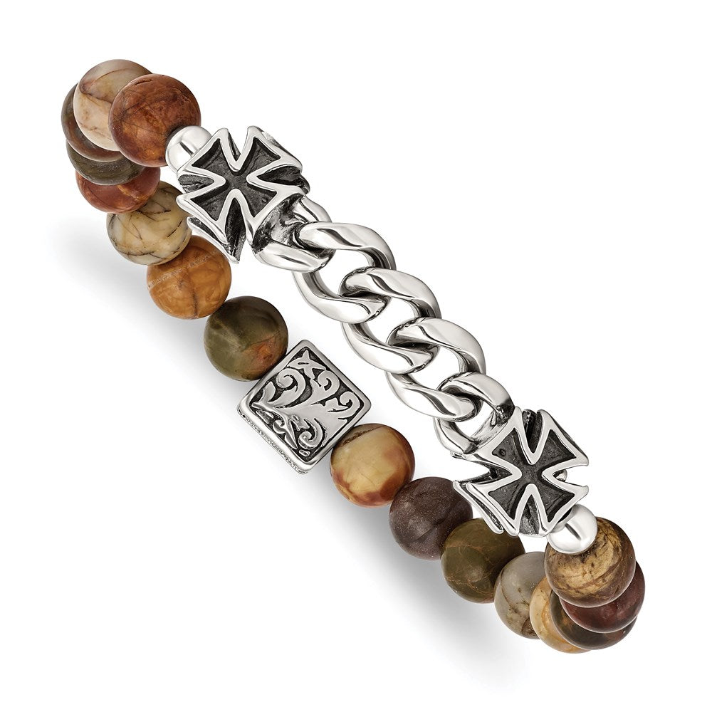 Chisel Brand Jewelry, Stainless Steel Antiqued & Polished Natural Turquoise Cross Stretch Bracele