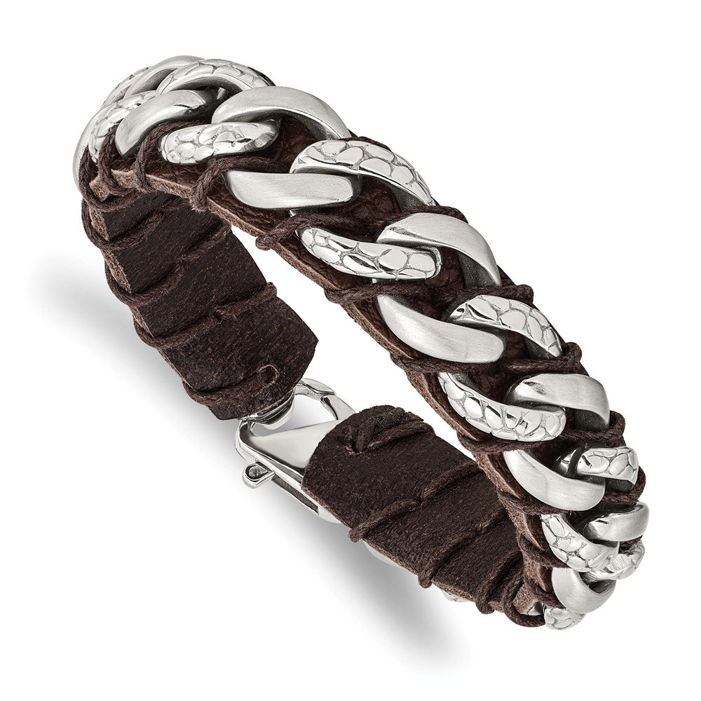 Chisel Brand Jewelry, Stainless Steel Brushed Polished & Textured Brown Leather 8.5in Men's Bracelet