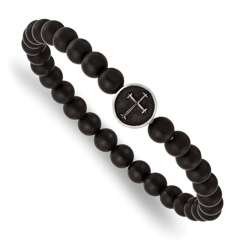 Chisel Brand Jewelry, Stainless Steel Antiqued & Polished Black Agate Cross Stretch Bracelet