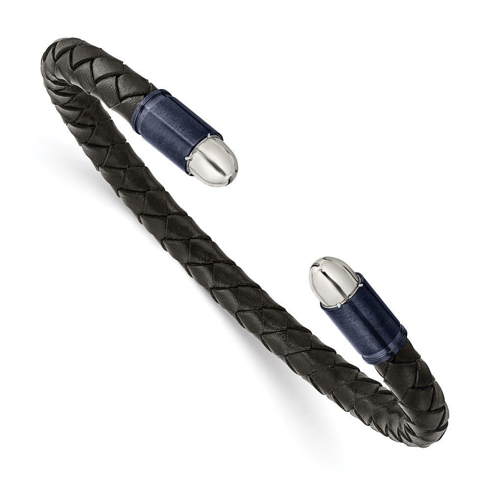 Chisel Brand Jewelry, Stainless Steel Brushed & Polished Dark Grey IP Black Leather Flexible Bangle
