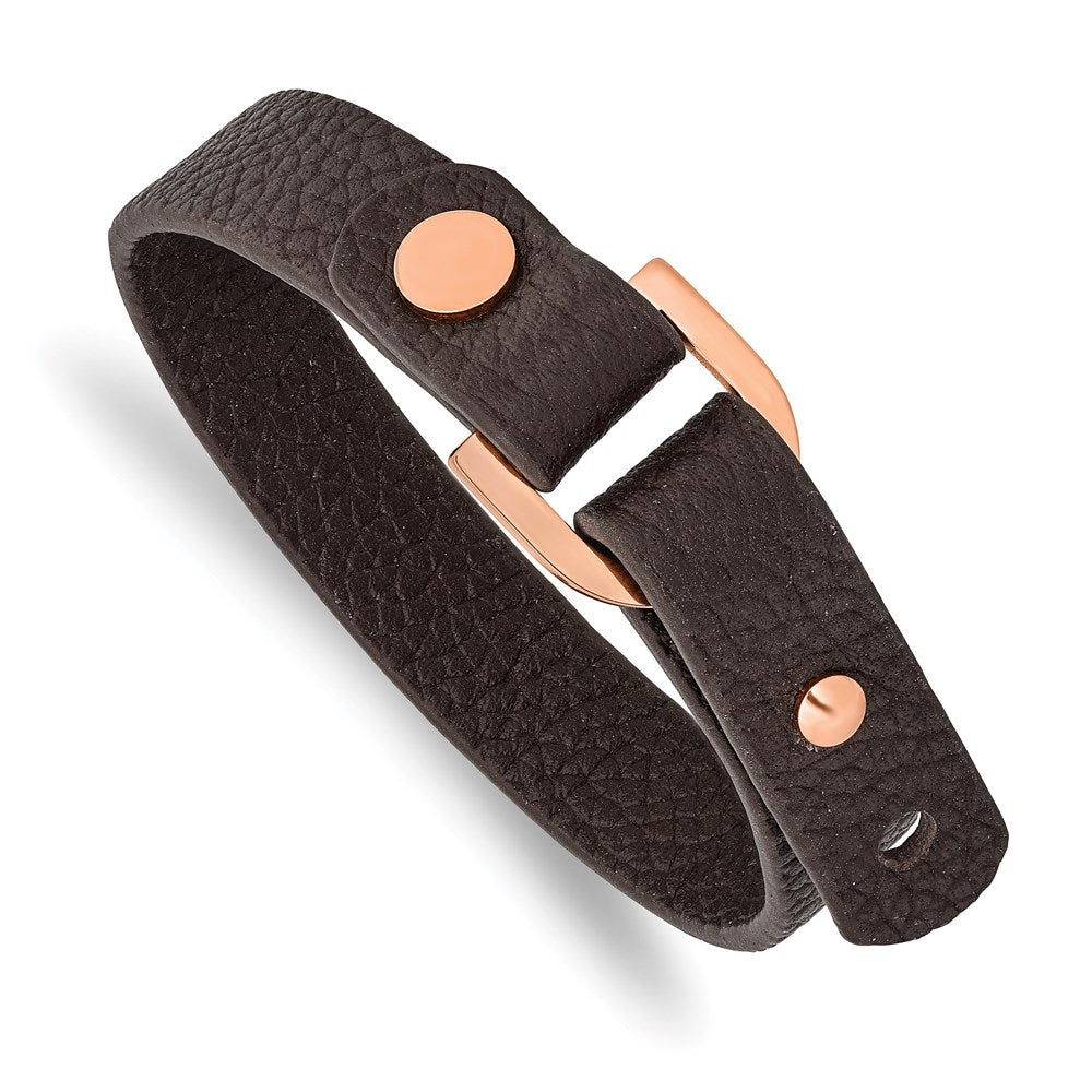 Chisel Brand Jewelry, Stainless Steel Polished Rose IP Brown Leather Adjustable 8.5in-9in Bracele