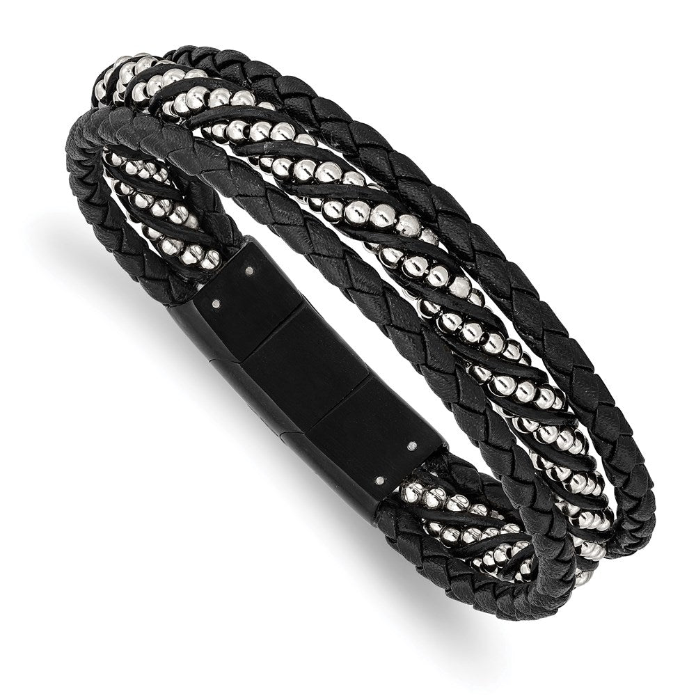Chisel Brand Jewelry, Stainless Steel Brushed & Polished Black IP Leather with .5in ext 8in Bracelet