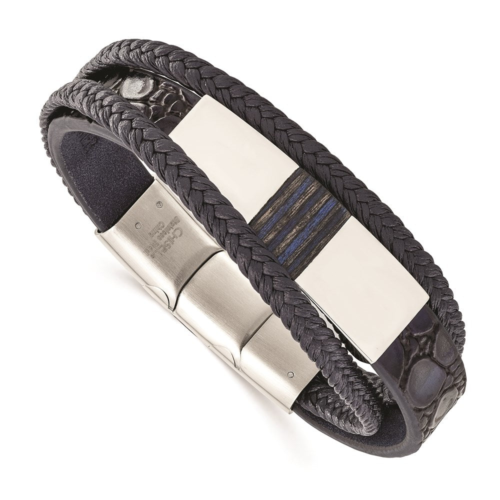 Chisel Brand Jewelry, Stainless Steel Polished Blue Wood Blue Leather with .5in ext 8in Bracelet