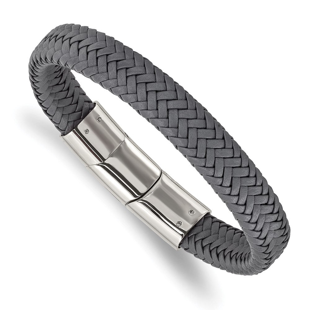 Chisel Brand Jewelry, Stainless Steel Polished Grey Woven Leather with .5in ext 8in Bracelet