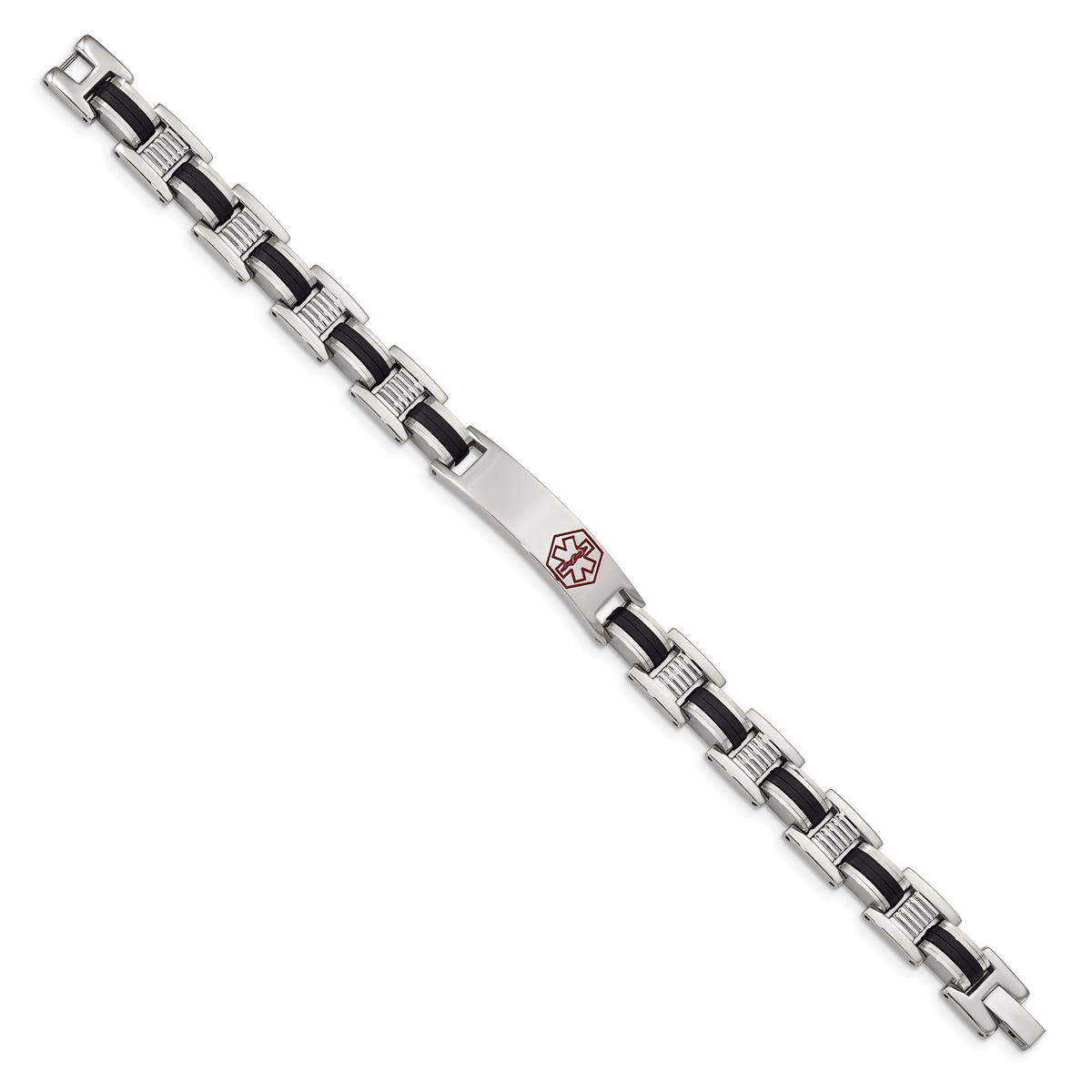 Chisel Brand Jewelry, Stainless Steel Black Rubber Red Enamel 8in Medical Bracelet