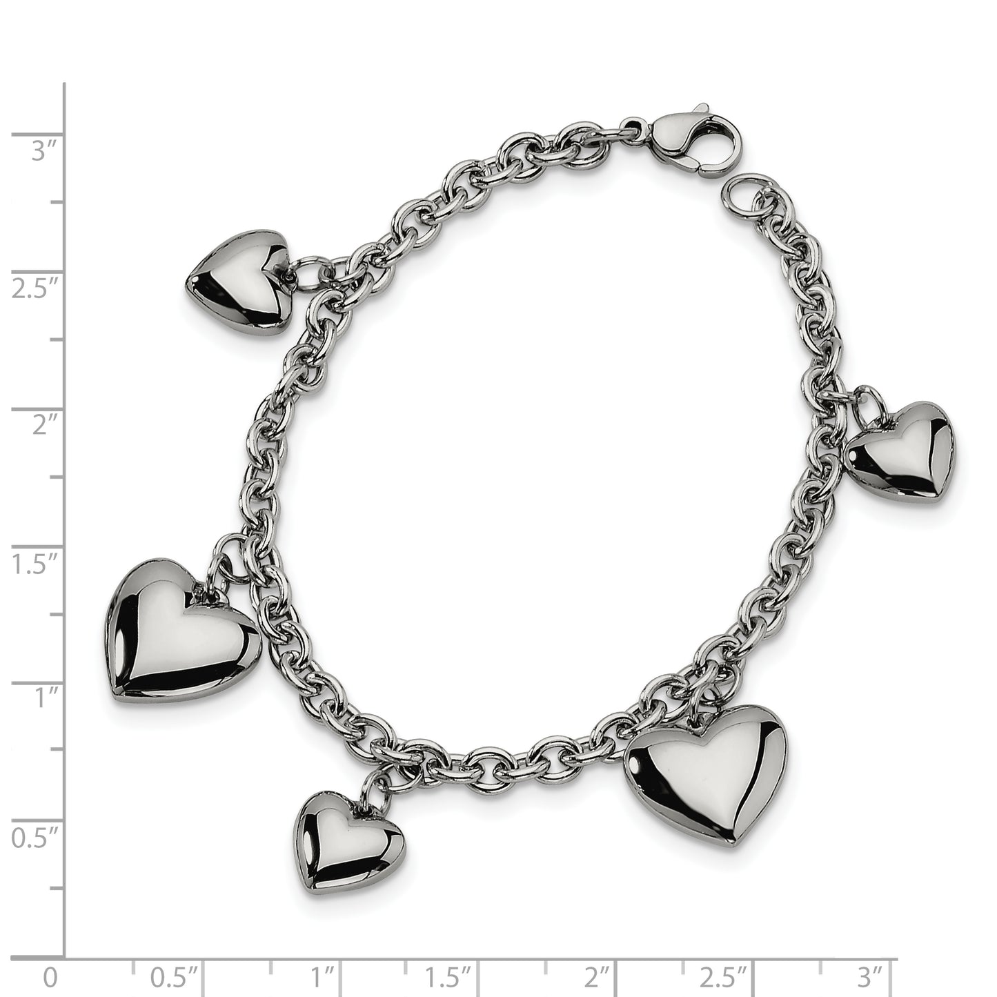 Chisel Brand Jewelry, Stainless Steel Polished Hearts 8in Bracelet