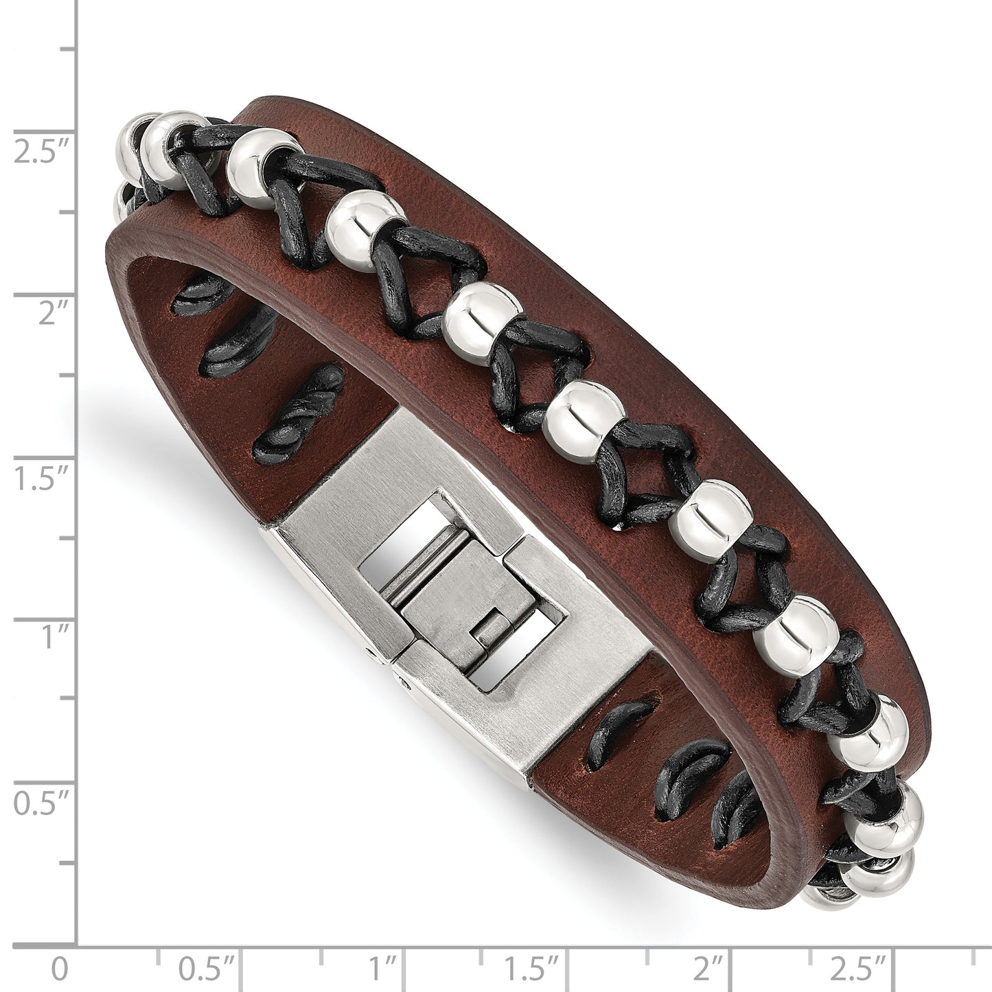 Chisel Brand Jewelry, Stainless Steel Brown Leather with Polished Beads Men's Bracelet