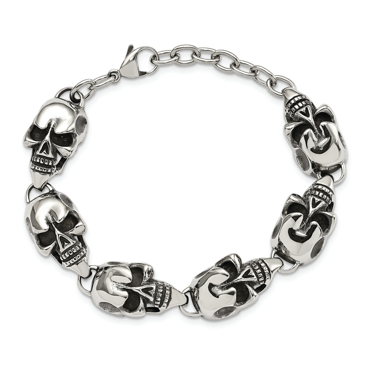 Chisel Brand Jewelry, Stainless Steel Antiqued Skulls 8.5in Men's Bracelet