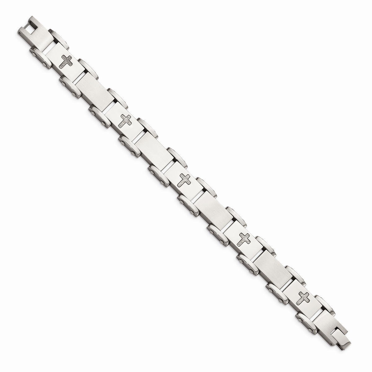 Pulsera de acero inoxidable con cruces cortadas a láser de la marca Chisel, 8.75 pulgadas