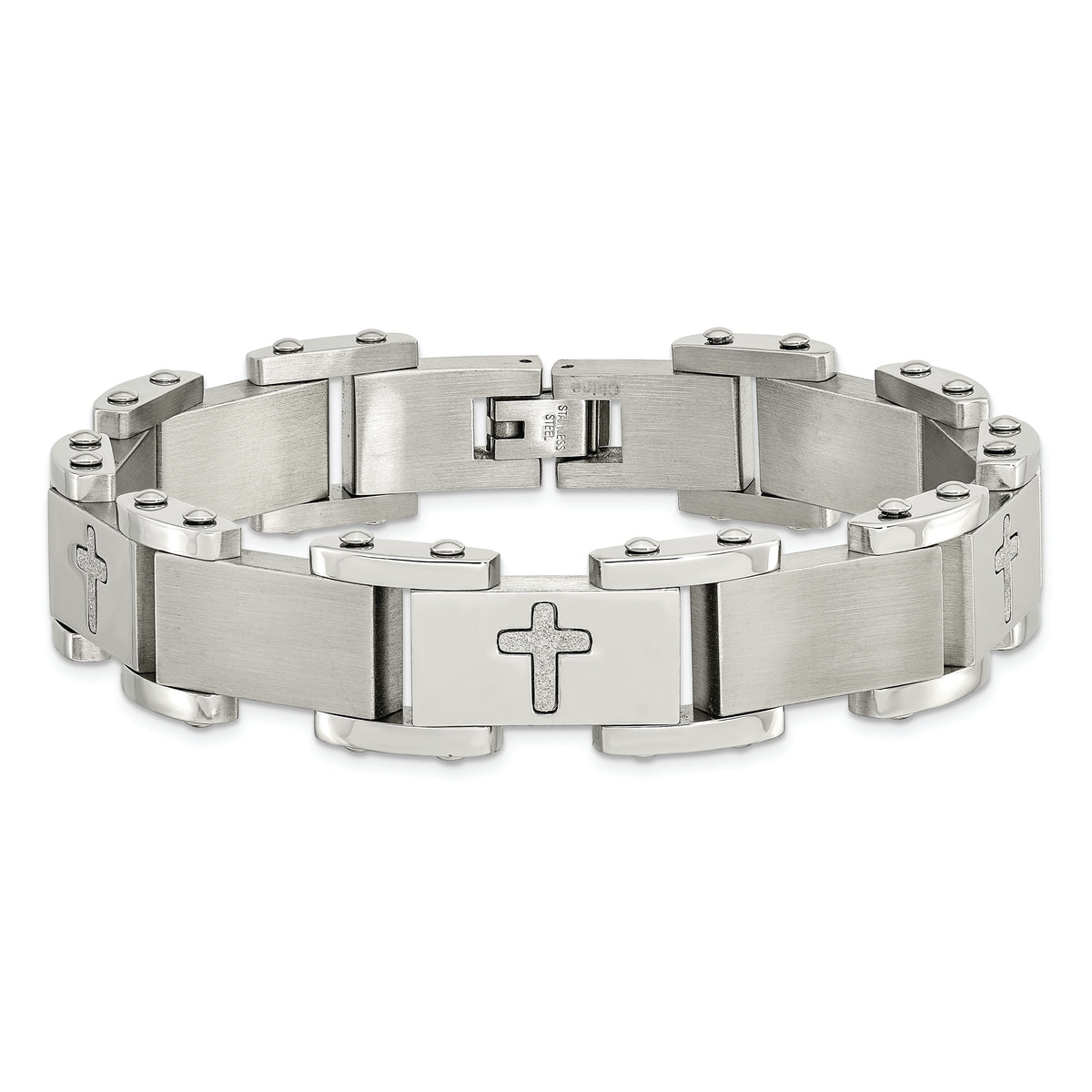 Pulsera de acero inoxidable con cruces cortadas a láser de la marca Chisel, 8.75 pulgadas