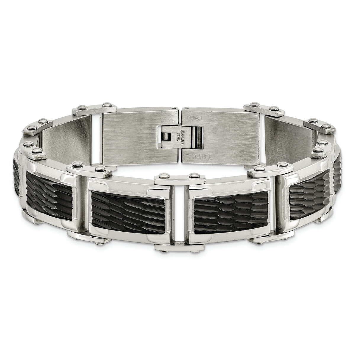 Pulsera Chisel Brand de acero inoxidable con baño negro y textura, 9 pulgadas