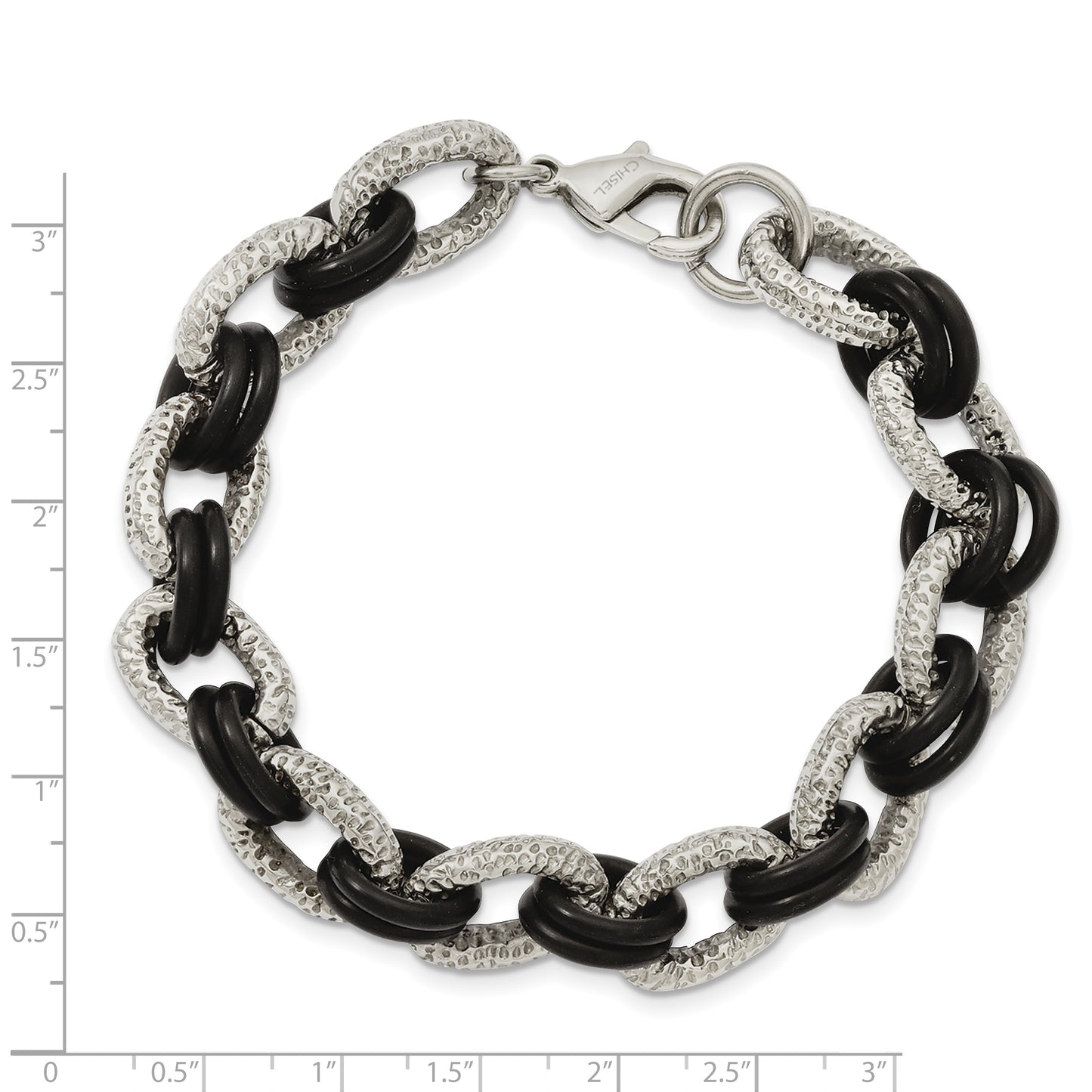 Chisel Brand Jewelry, Stainless Steel Textured & Black Rubber 9in Men's Bracelet