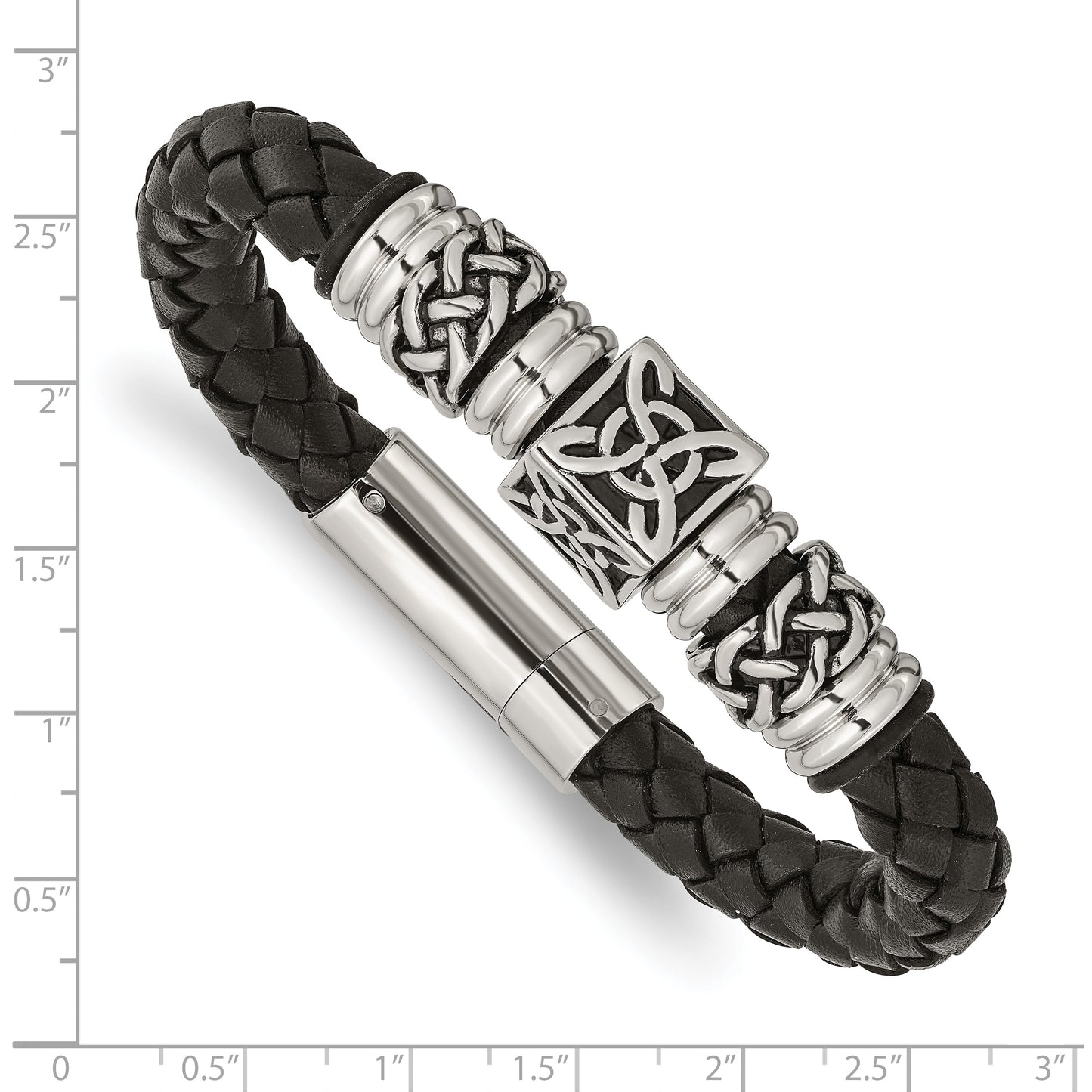 Chisel Brand Jewelry, Stainless Steel Black Leather with Antiqued Beads 8.5in Men's Bracelet
