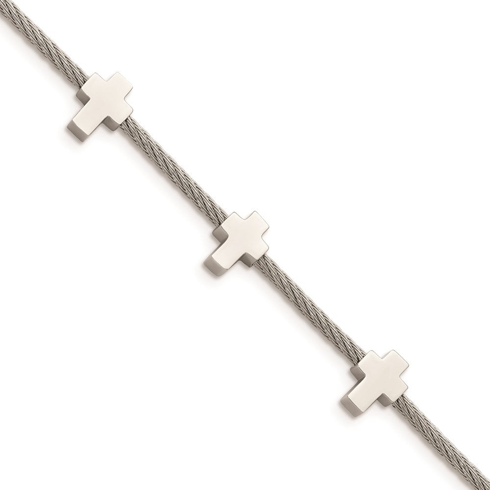 Pulsera de marca Chisel, cruces de acero inoxidable en alambre trenzado de 7.5 pulgadas con extensión