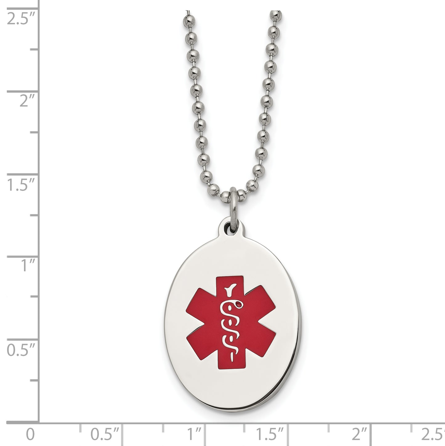 Chisel Brand Jewelry, Stainless Steel Red Enamel Oval Medical Pendant 22in Necklace