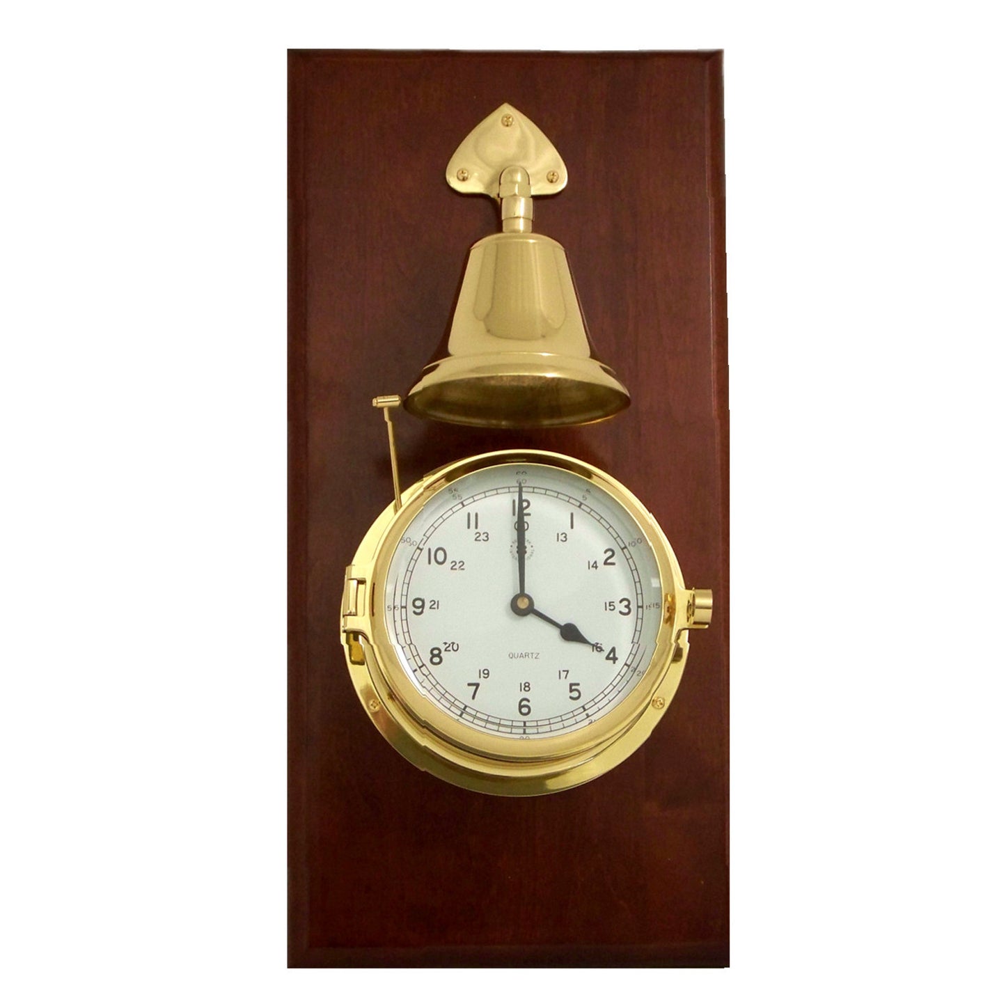 Occasion Gallery Mahogany Color Lacquered Brass Porthole Quartz Striking Bell Clock on Mahogany Wood. 10 L x 6 W x 20.5 H in.