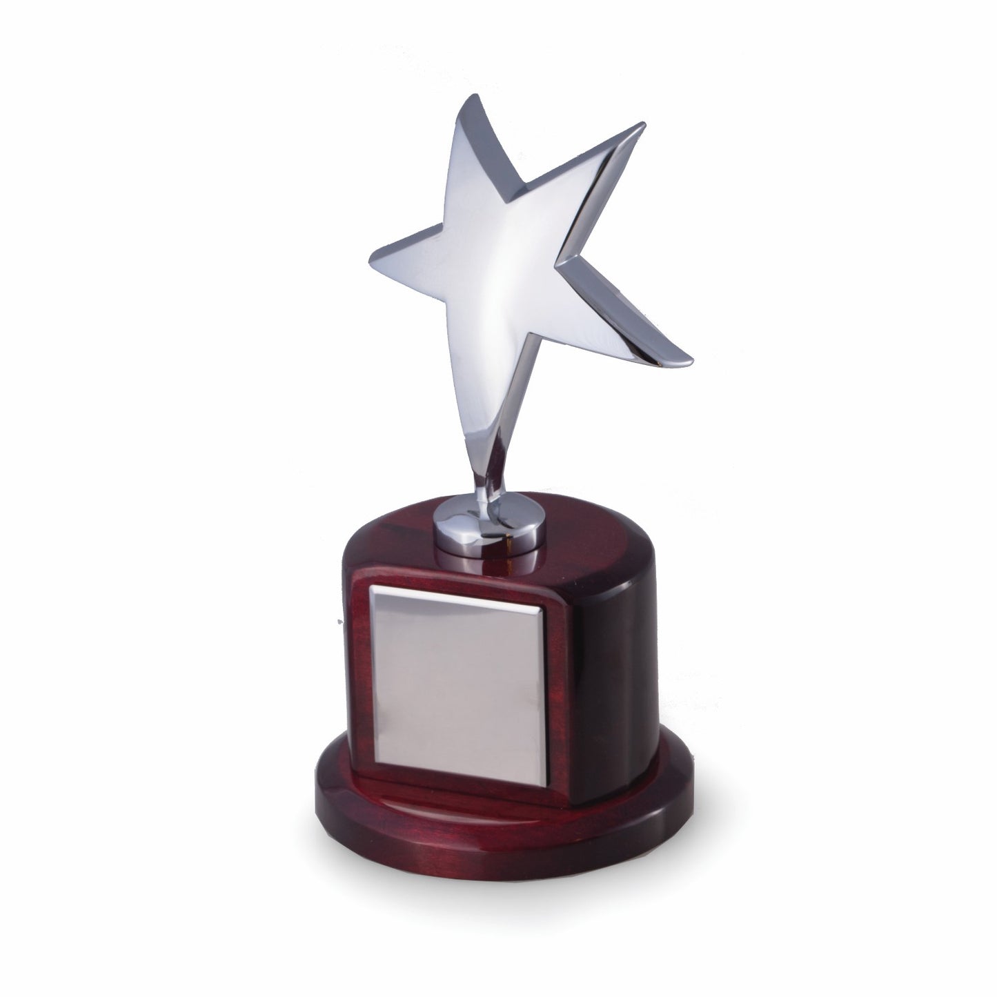 Occasion Gallery Rosewood/Silver Color Silver Plated Star Trophy on Lacquered Rosewood Base with 2 1/4" x 2 1/8" Plate. 4.5 L x 4.5 W x 8.25 H in.