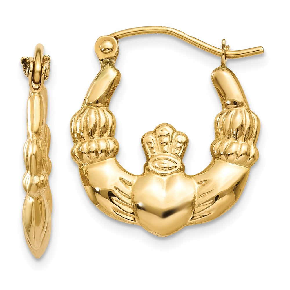 Million Charms 14k Yellow Gold Polished Claddagh Hoop Earrings, 10mm x 2mm