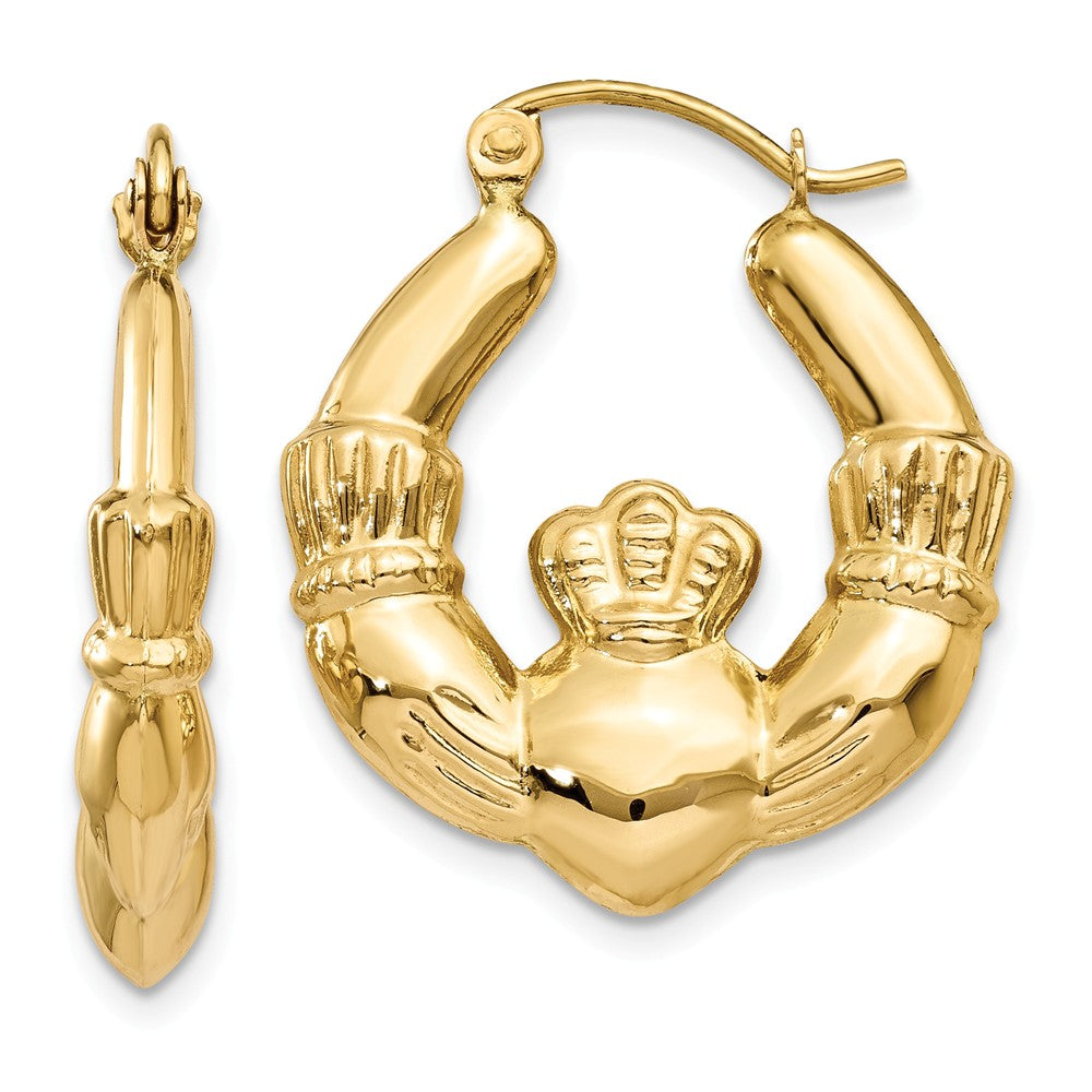 Million Charms 14k Yellow Gold Polished Claddagh Hoop Earrings, 10mm x 3mm