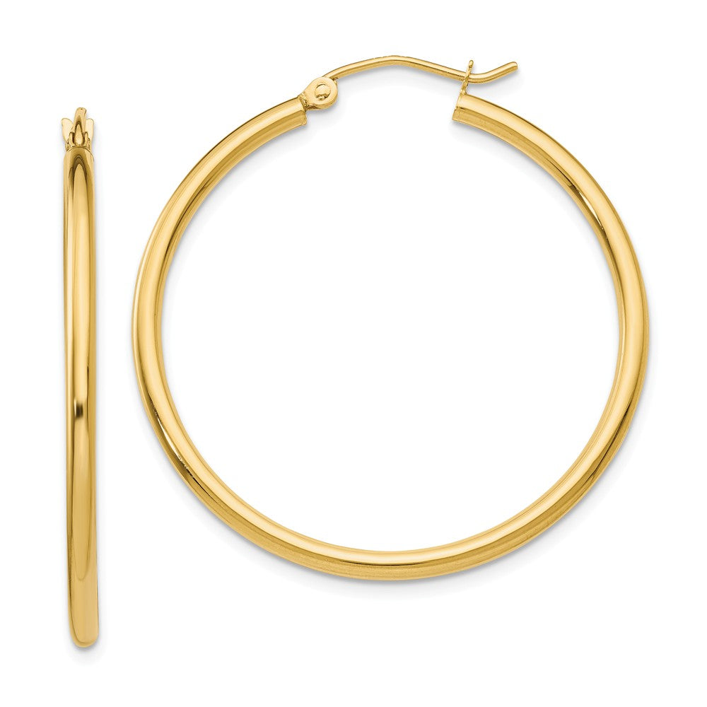 Million Charms 14k Yellow Gold Polished 2mm Tube Hoop Earrings, 35mm x 2mm