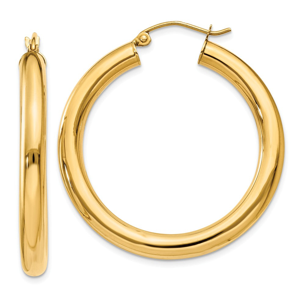 Million Charms 14k Yellow Gold Polished 4mm Lightweight Tube Hoop Earrings, 35mm x 4mm