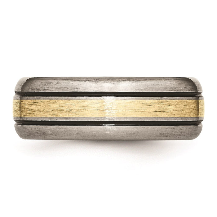 Unisex Fashion Jewelry, Chisel Brand Titanium Grooved 14k Yellow Inlay 8mm Brushed and Antiqued Ring Band