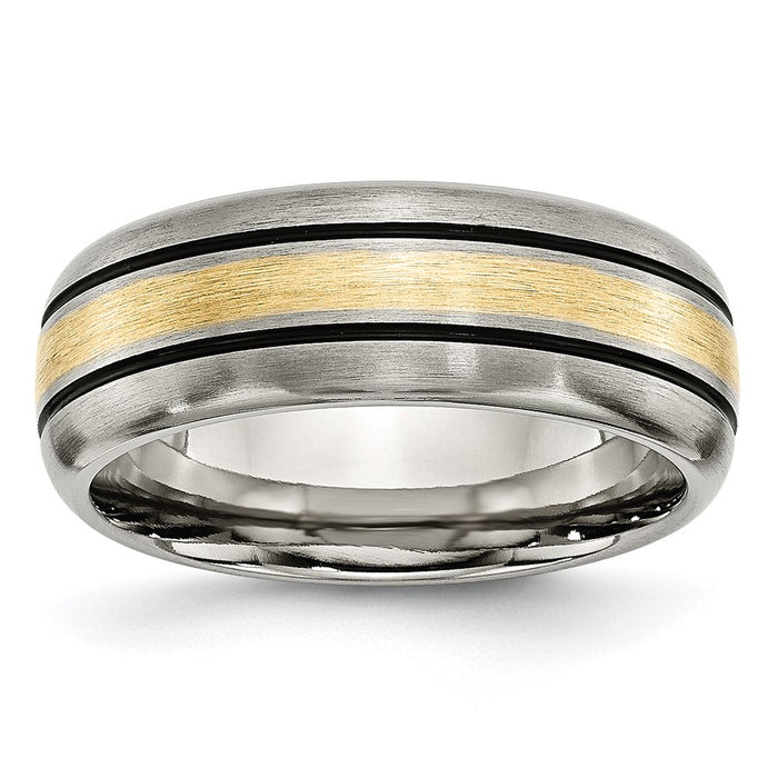 Unisex Fashion Jewelry, Chisel Brand Titanium Grooved 14k Yellow Inlay 8mm Brushed and Antiqued Ring Band