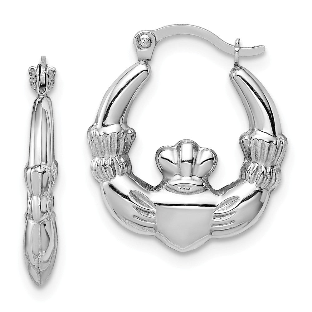 Million Charms 14k White Gold Claddagh Hoop Earrings,