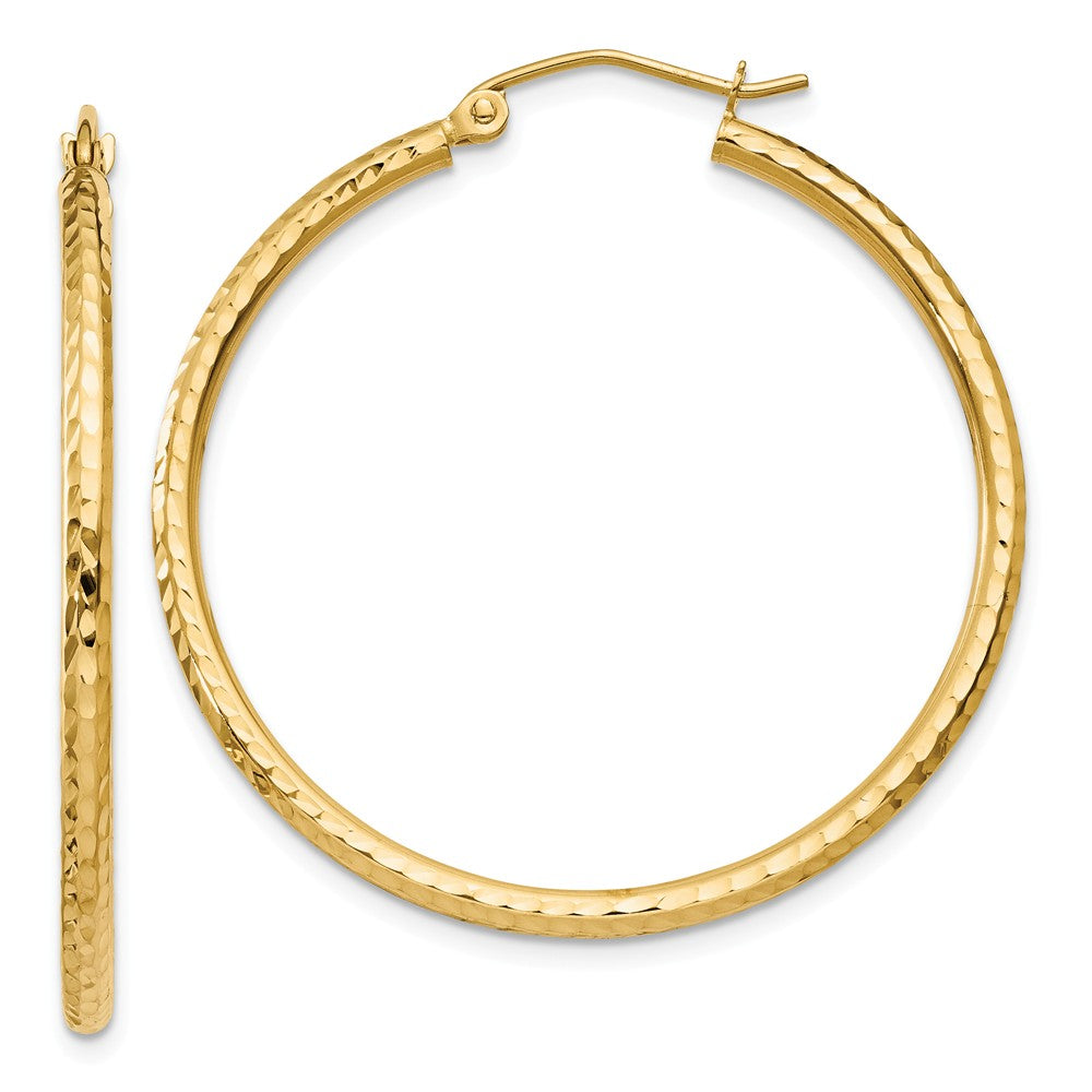 Million Charms 14k Yellow Gold Diamond-cut 2mm Round Tube Hoop Earrings, 35mm x 2mm