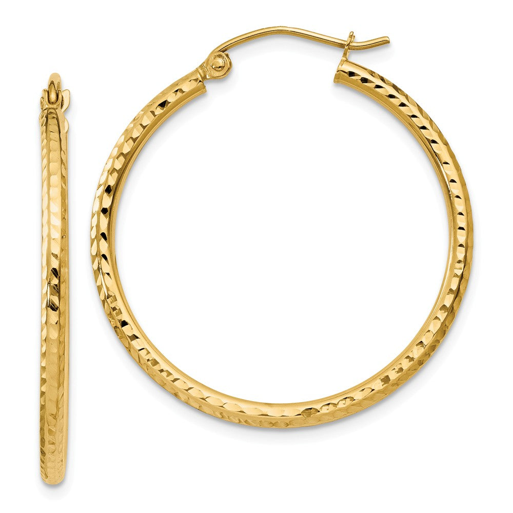 Million Charms 14k Yellow Gold Diamond-cut 2mm Round Tube Hoop Earrings, 30mm x 2mm