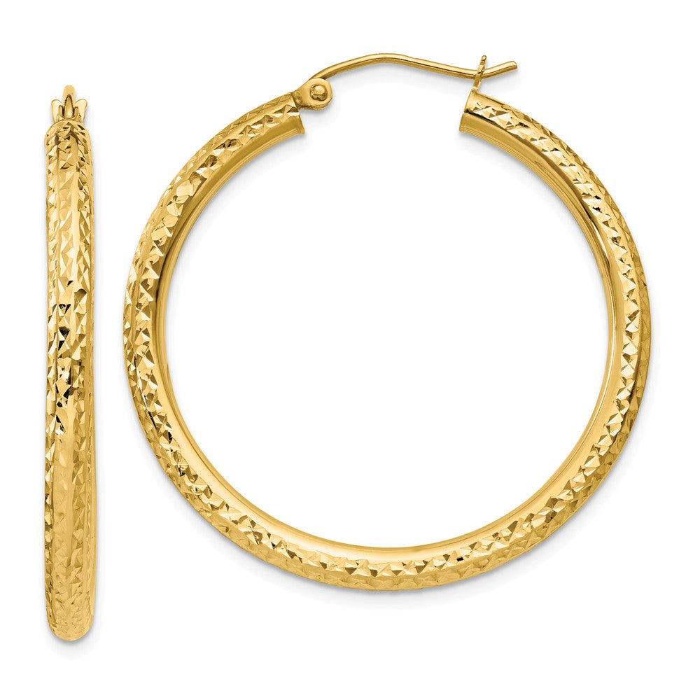 Million Charms 14k Yellow Gold Diamond-cut 3mm Round Hoop Earrings, 35mm x 3mm