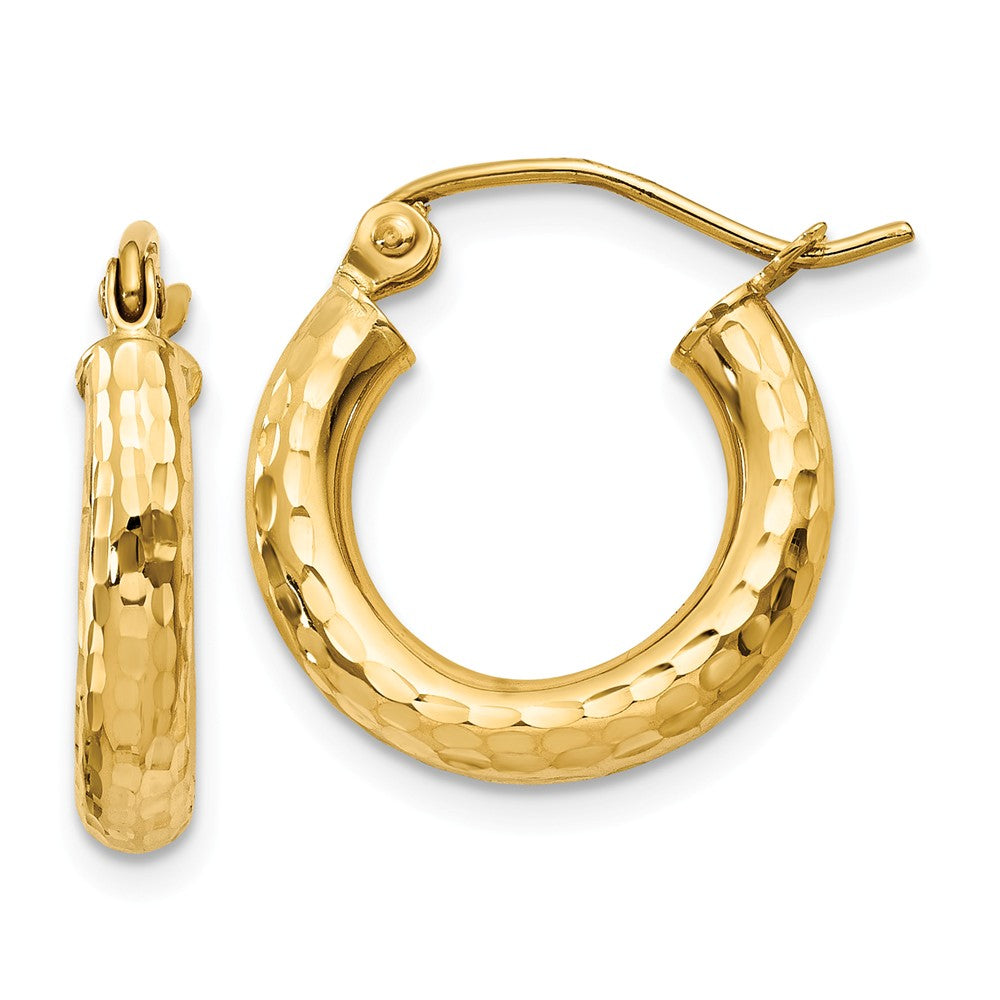 Million Charms 14k Yellow Gold Diamond-cut 3mm Round Hoop Earrings, 16mm x 3mm