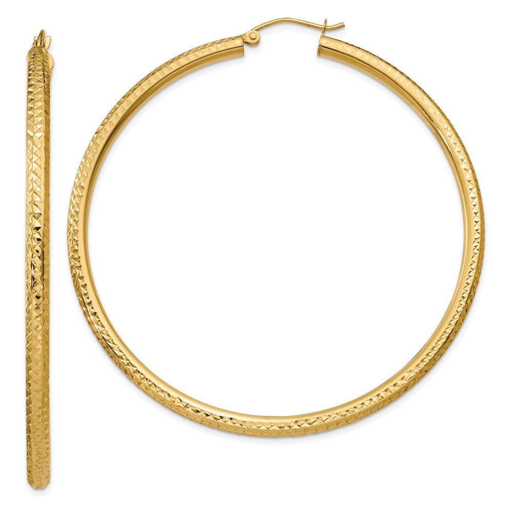 Million Charms 14k Yellow Gold Diamond-cut 3mm Round Hoop Earrings, 60mm x 3mm