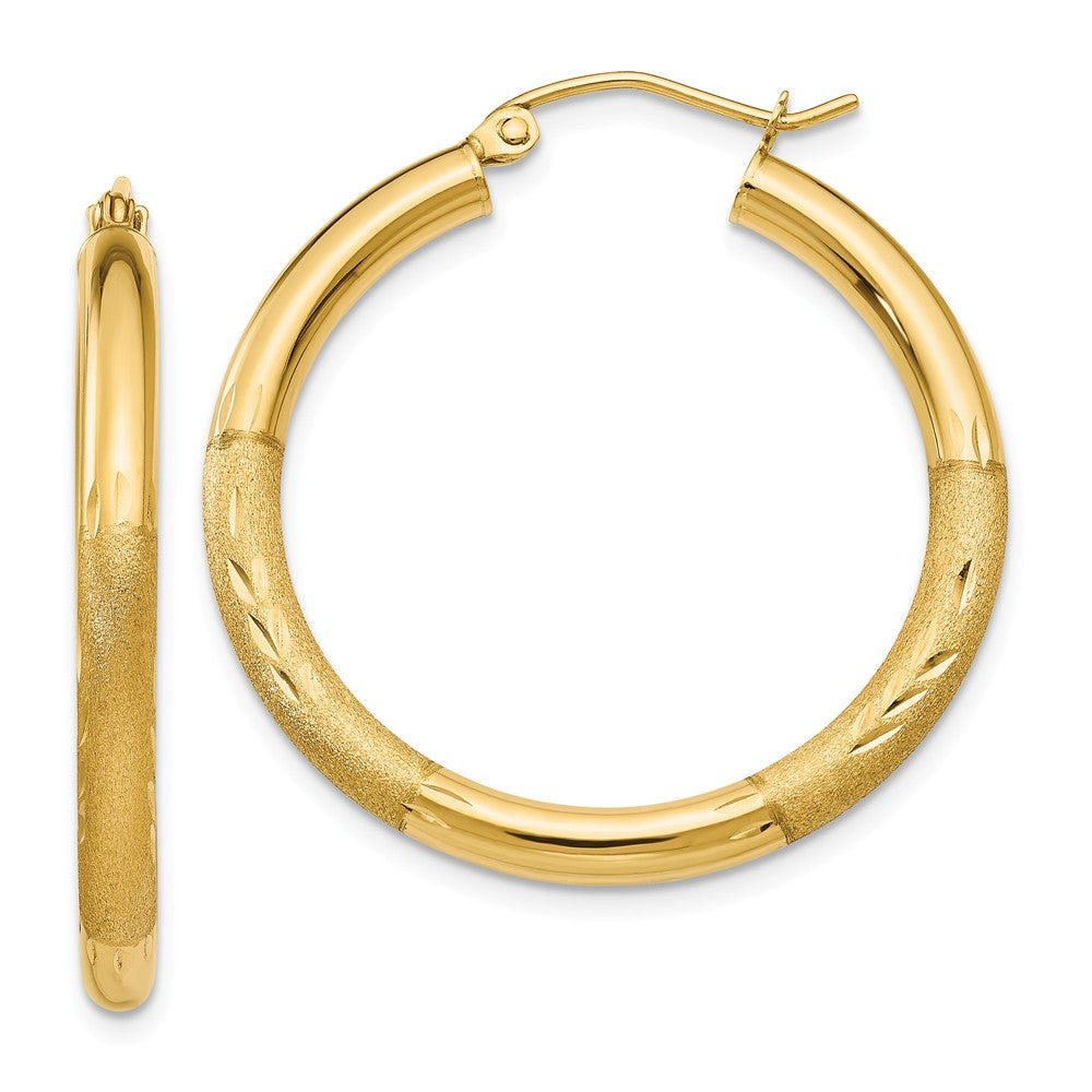 Million Charms 14k Yellow Gold Satin & Diamond-cut 3mm Round Hoop Earrings, 30mm x 3mm
