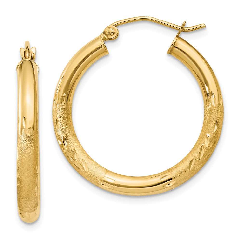 Million Charms 14k Yellow Gold Satin & Diamond-cut 3mm Round Hoop Earrings, 25mm x 3mm
