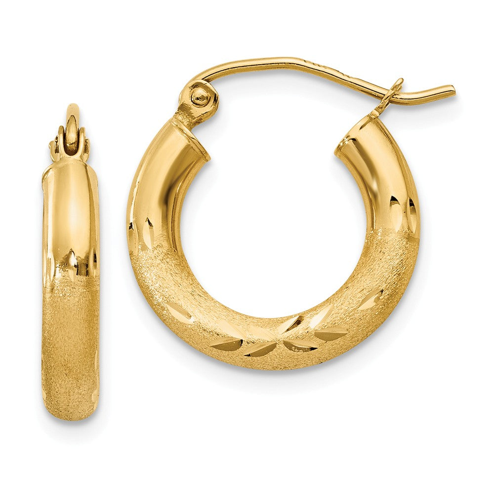 Million Charms 14k Yellow Gold Satin & Diamond-cut 3mm Round Hoop Earrings, 16mm x 3mm