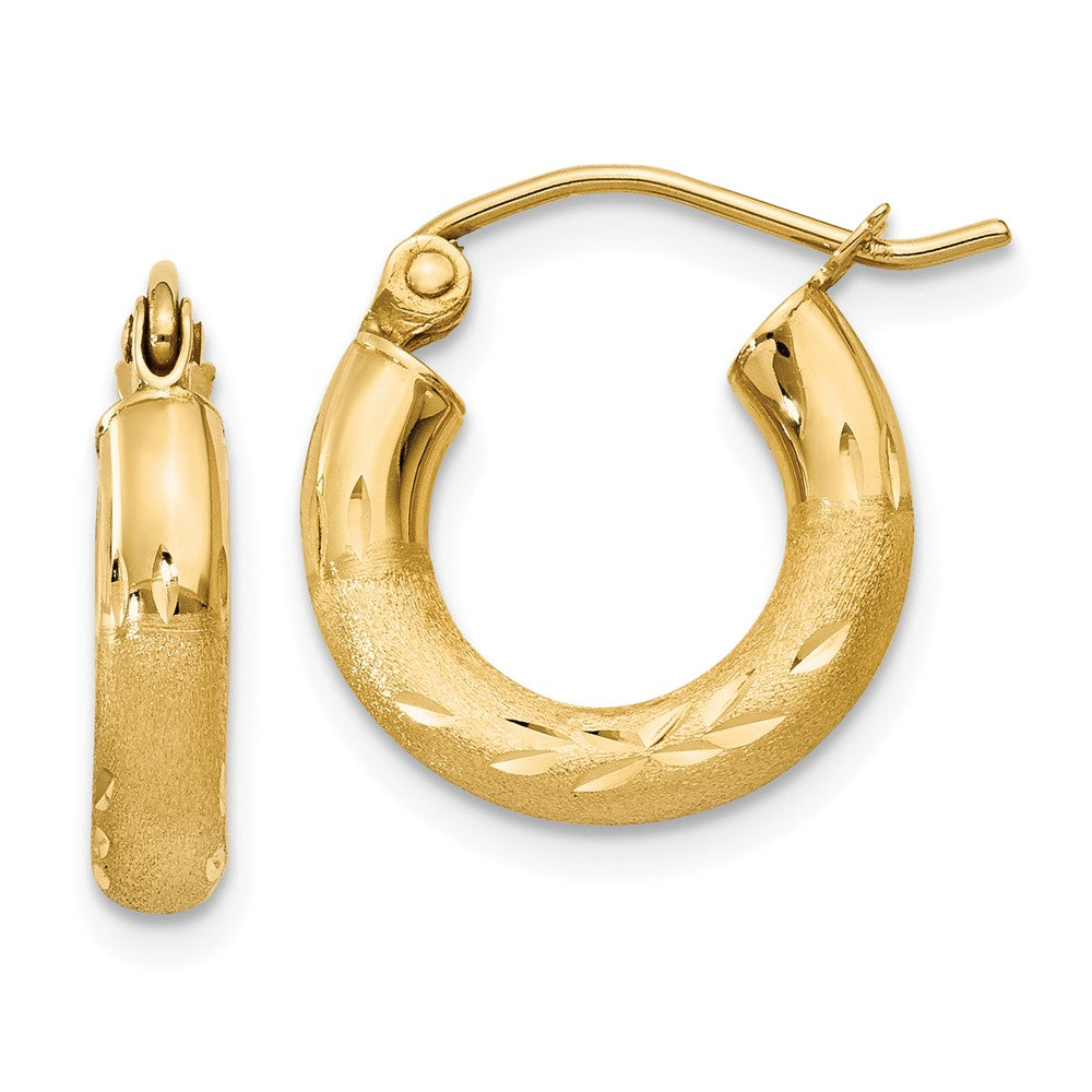 Million Charms 14k Yellow Gold Satin & Diamond-cut 3mm Round Hoop Earrings, 14mm x 3mm
