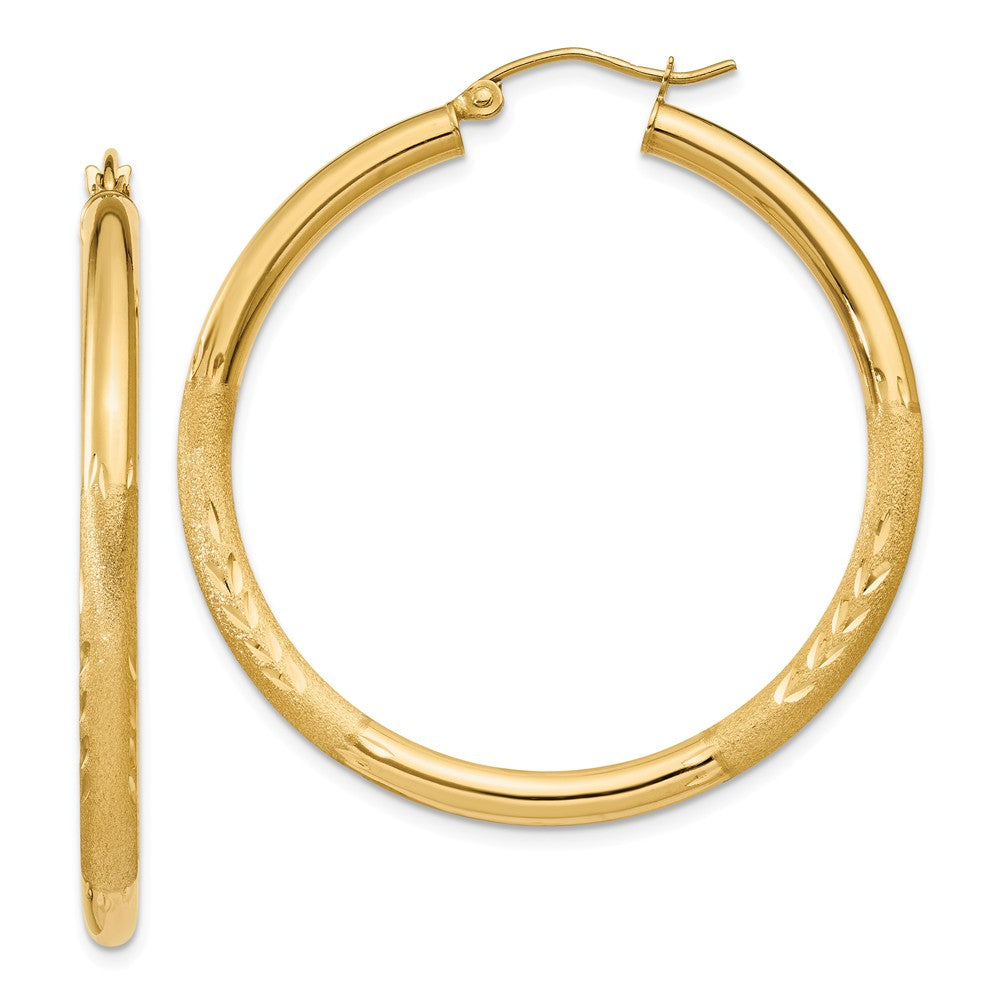 Million Charms 14k Yellow Gold Satin & Diamond-cut 3mm Round Hoop Earrings, 40mm x 3mm