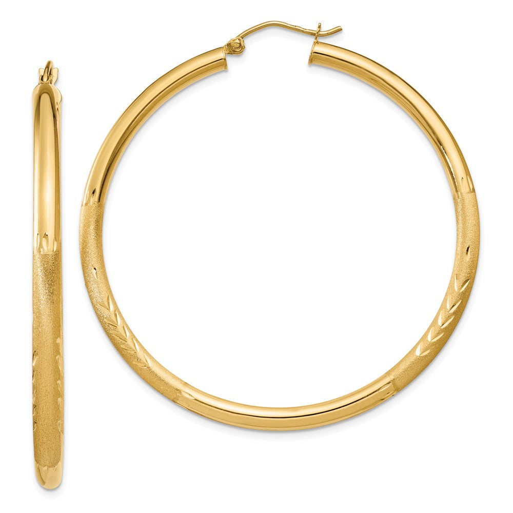 Million Charms 14k Yellow Gold Satin & Diamond-cut 3mm Round Hoop Earrings, 50mm x 3mm