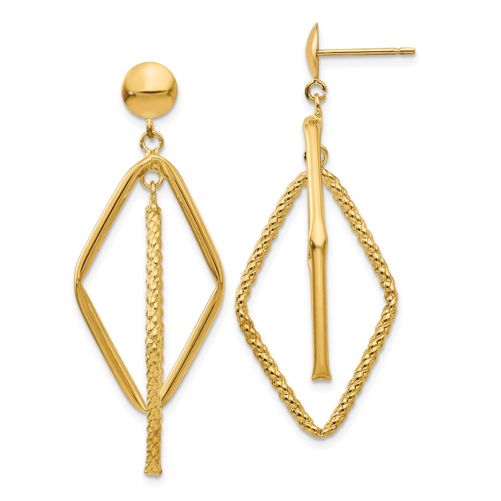 Million Charms 14k Yellow Gold Polished & Patterned Diamond Shaped Post Earrings, 44mm x 14mm