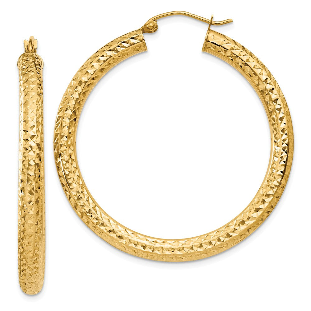 Million Charms 14k Yellow Gold Diamond-cut 4mm Round Hoop Earrings, 40mm x 4mm