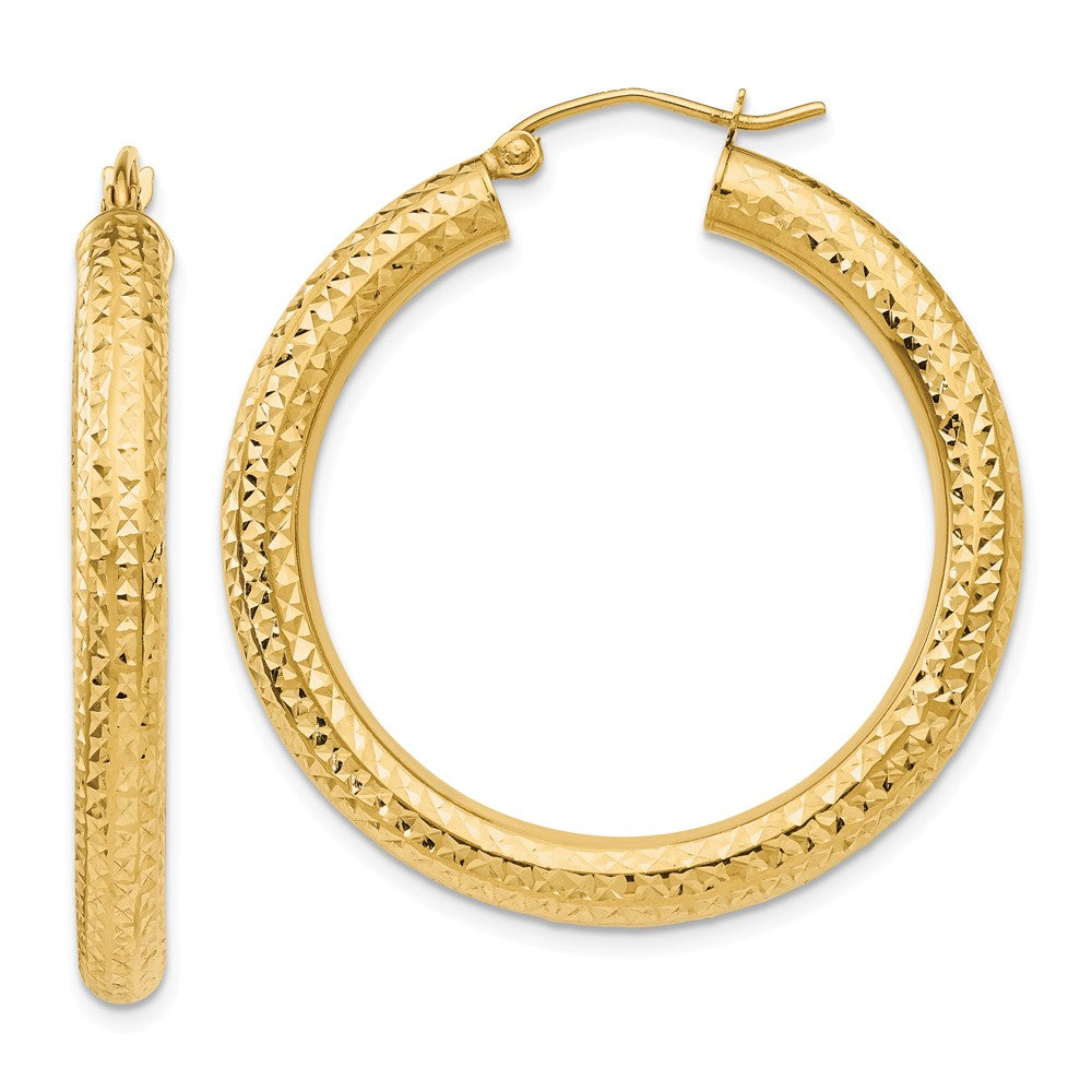 Million Charms 14k Yellow Gold Diamond-cut 4mm Round Hoop Earrings, 35mm x 4mm