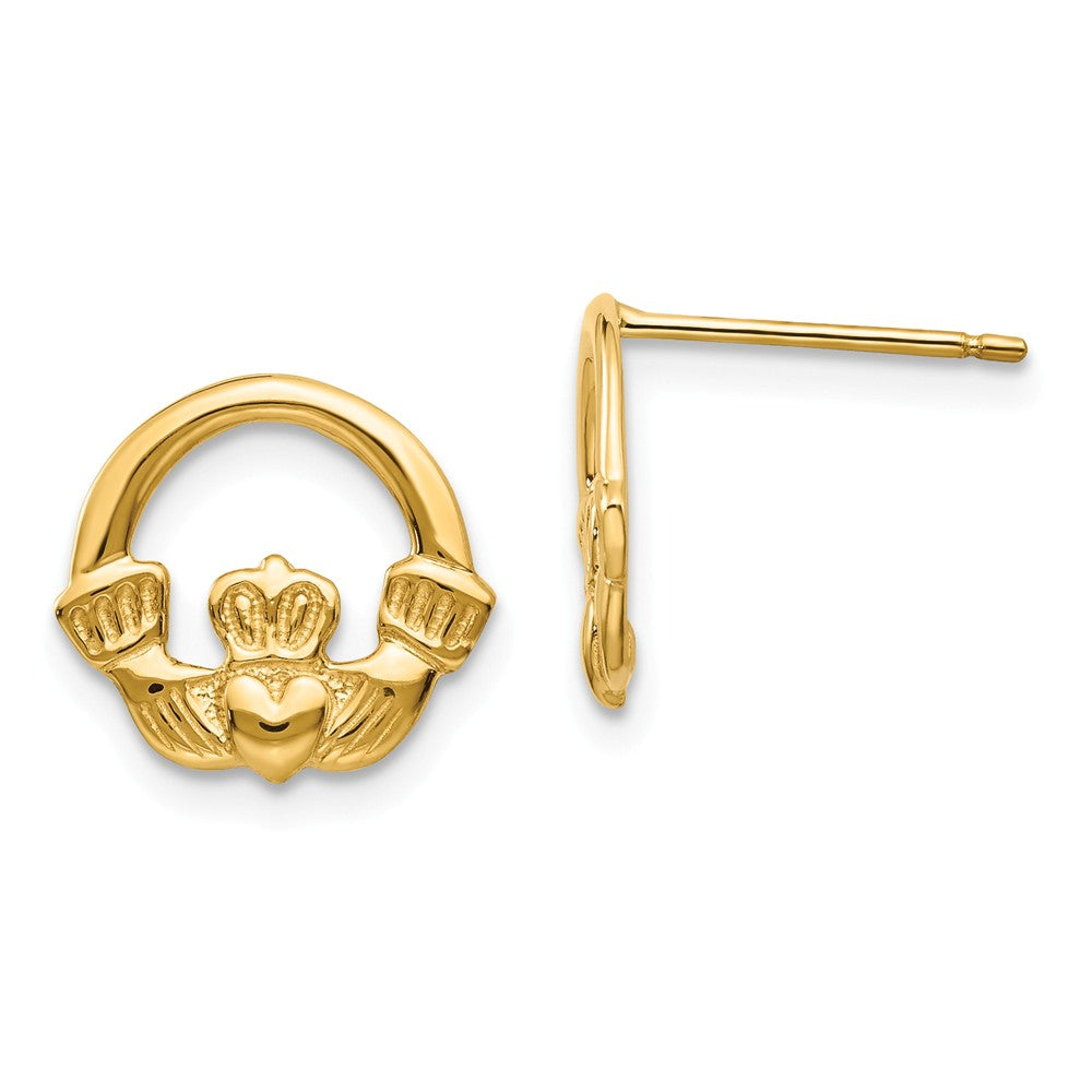 Million Charms 14k Yellow Gold Claddagh Post Earrings, 11mm x 13mm