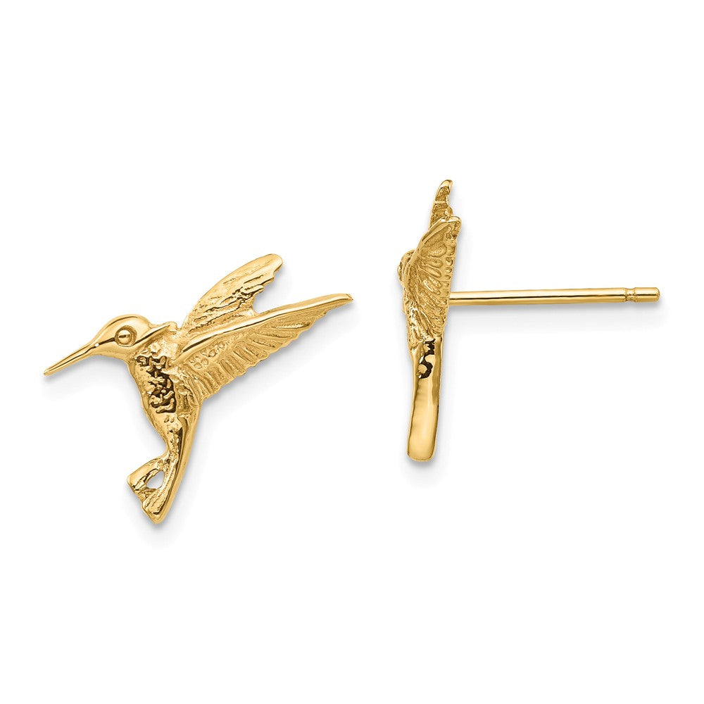 Million Charms 14k Yellow Gold Hummingbird Post Earrings, 13mm x 16mm